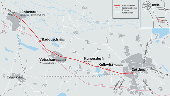 Streckenverlauf Lübbenau-Cottbus (Quelle: Deutsche Bahn AG)